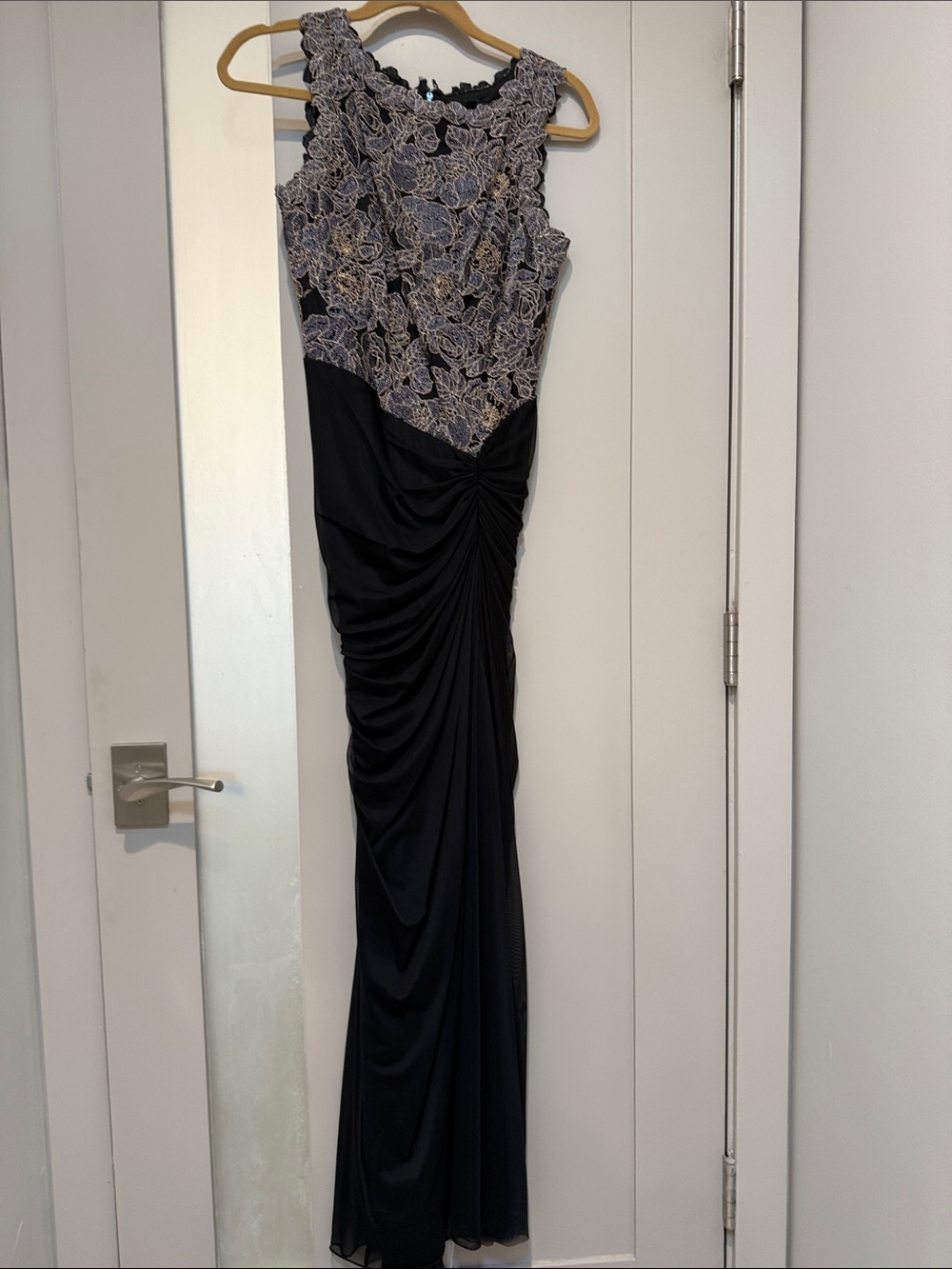 Tadashi Shoji Black Maxi Gown with Silver Lace Bodice